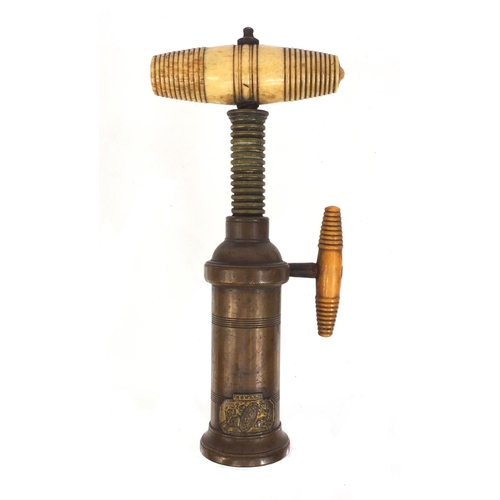 5 - 19th century Dowler patent brass corkscrew with bone handle and bone ratchet sidearm , 20cm when clo... 