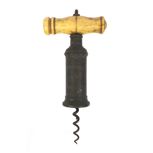 8 - 19th century brass corkscrew with bone handle, 19cm when closed