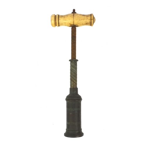 8 - 19th century brass corkscrew with bone handle, 19cm when closed