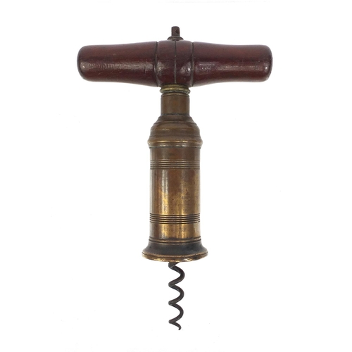 10 - 19th century brass corkscrew with wooden handle corkscrew, 17cm when closed