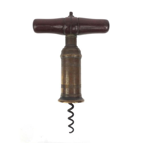 10 - 19th century brass corkscrew with wooden handle corkscrew, 17cm when closed