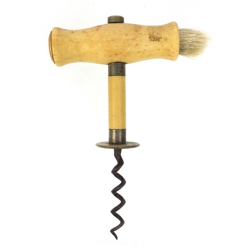 55 - 19th century steel straight pull corkscrew with bone handle and side brush, 14cm