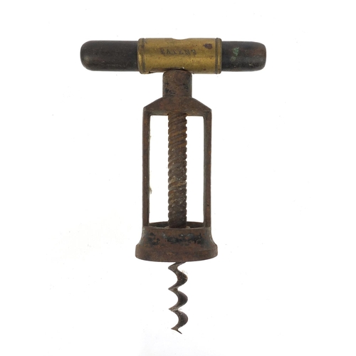 27 - G R patent ebony handled two pillar corkscrew, 14cm when closed