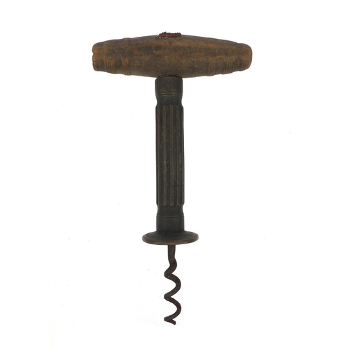 56 - 19th century brass corkscrew with wooden handle, 15.5cm when closed