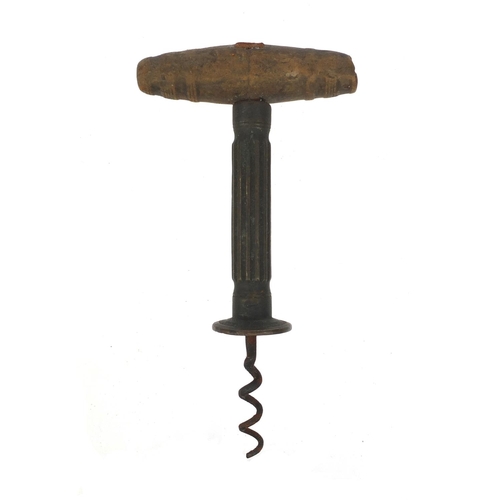 56 - 19th century brass corkscrew with wooden handle, 15.5cm when closed
