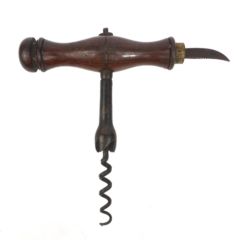 59 - 19th century steel rosewood handled corkscrew with side steel foil cutter, 15cm