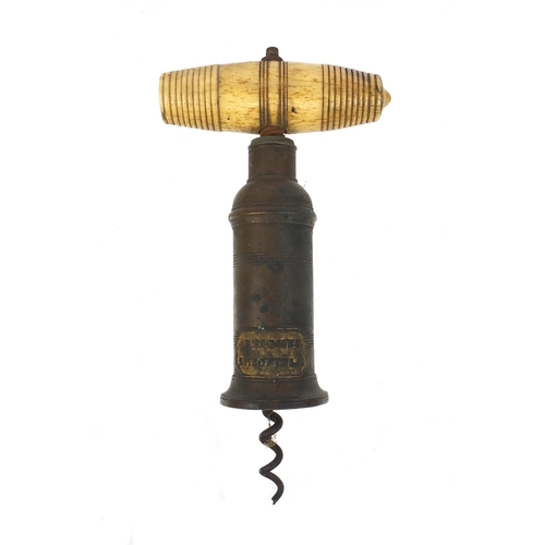 9 - 19th century brass corkscrew with Bright's Sheffield plaque and bone handle, 18cm when closed