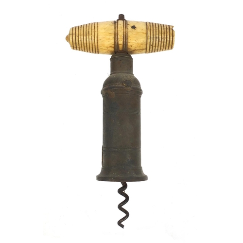 9 - 19th century brass corkscrew with Bright's Sheffield plaque and bone handle, 18cm when closed