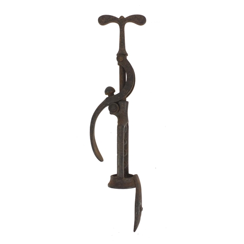 2 - 19th Century Chas Hull type Royal Club roller cast iron corkscrew, 24cm when fully extended