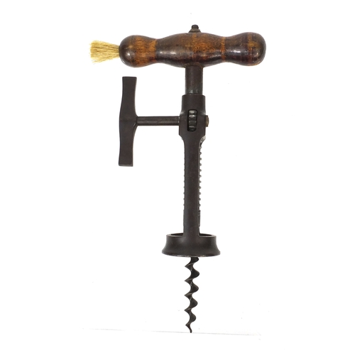 13 - Steel two pillar rack action corkscrew with cast iron ratchet sidearm and wooden handle and side bru... 