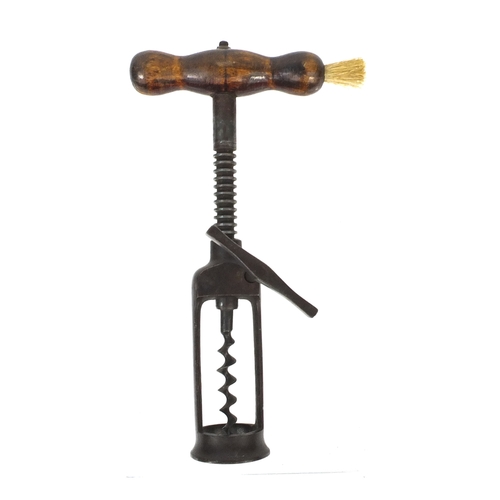13 - Steel two pillar rack action corkscrew with cast iron ratchet sidearm and wooden handle and side bru... 