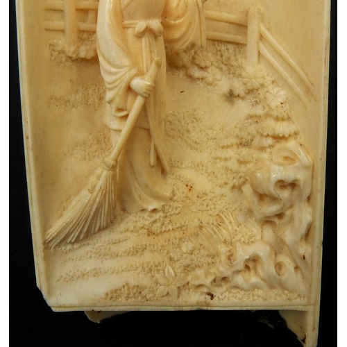 788 - Oriental carved ivory section depicted a geisha girl before a tree, 17cm high