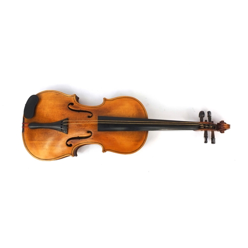 543 - Old wooden violin with two piece back, bearing a Richard Peat label together with fitted case, the v... 