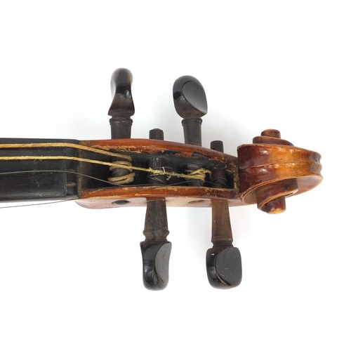 543 - Old wooden violin with two piece back, bearing a Richard Peat label together with fitted case, the v... 