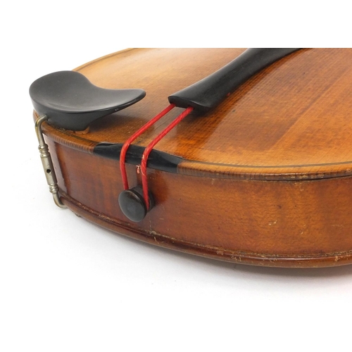 543 - Old wooden violin with two piece back, bearing a Richard Peat label together with fitted case, the v... 