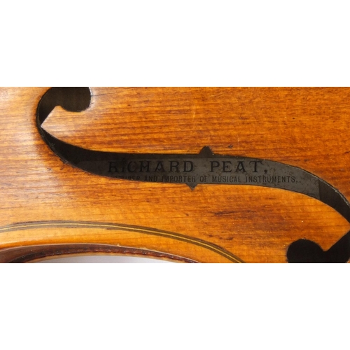 543 - Old wooden violin with two piece back, bearing a Richard Peat label together with fitted case, the v... 