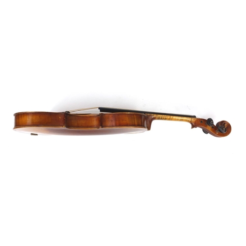 543 - Old wooden violin with two piece back, bearing a Richard Peat label together with fitted case, the v... 