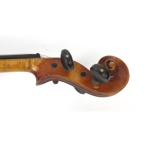 543 - Old wooden violin with two piece back, bearing a Richard Peat label together with fitted case, the v... 