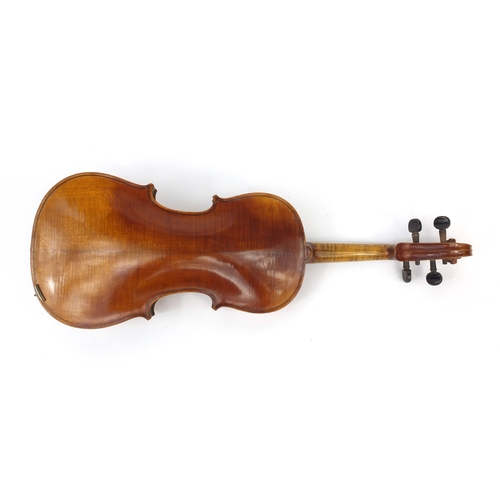 543 - Old wooden violin with two piece back, bearing a Richard Peat label together with fitted case, the v... 