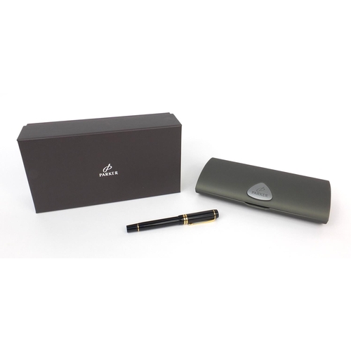 305 - Boxed Parker duofold black fountain pen with 18k gold nib, made in UK, 13.5cm long