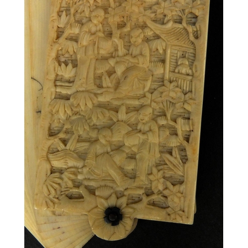 790 - Chinese Cantonese ivory aide memoire carved with figures and pagodas amongst trees with silver colou... 