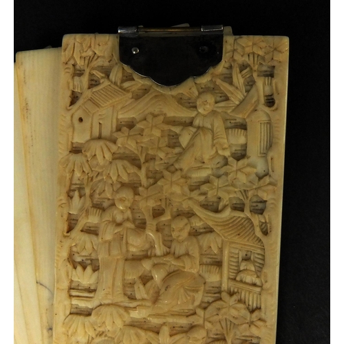 790 - Chinese Cantonese ivory aide memoire carved with figures and pagodas amongst trees with silver colou... 