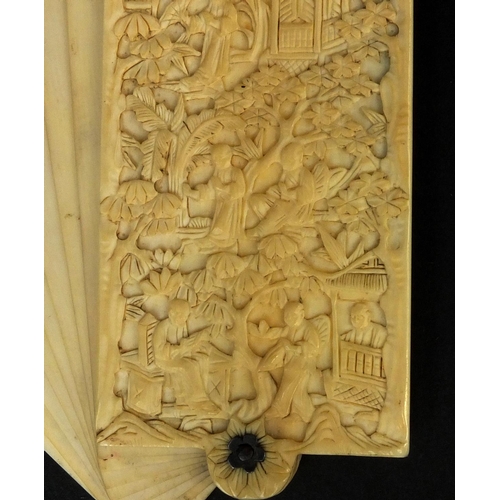 790 - Chinese Cantonese ivory aide memoire carved with figures and pagodas amongst trees with silver colou... 