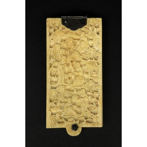 790 - Chinese Cantonese ivory aide memoire carved with figures and pagodas amongst trees with silver colou... 