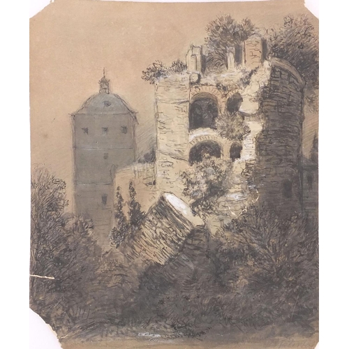 1497 - Ernest Albert Waterlow - Unframed ink and watercolour onto paper study of ruins, inscription to reve... 