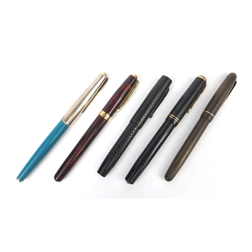 322 - Group of five fountain pens including a Parker 61 with Heritage design cap, Swan self filler, Sheaff... 