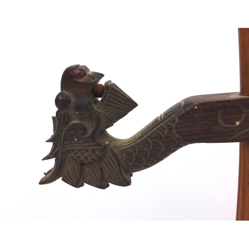 548 - Chinese inlaid rosewood and snake skin er hu with carved dragons head terminal, 76cm long