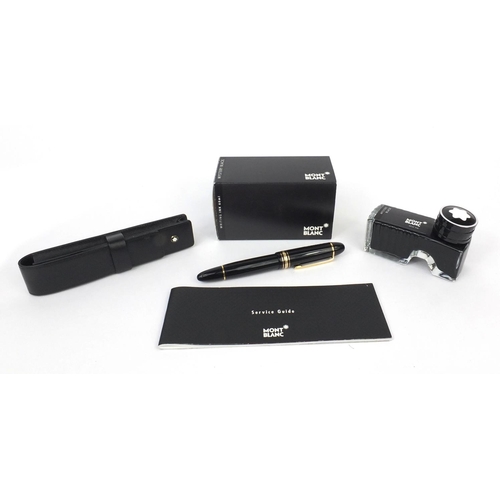 315 - Mont Blanc Meisterstuck No 149 black fountain pen with 18k gold nib, case, service guide and boxed 7... 