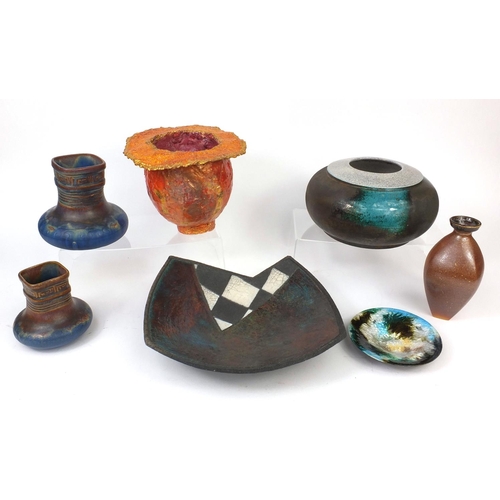 961 - Group of Studio pottery vases and dishes including two Denby ware Bourne Denby vases, Nick Rees vase... 