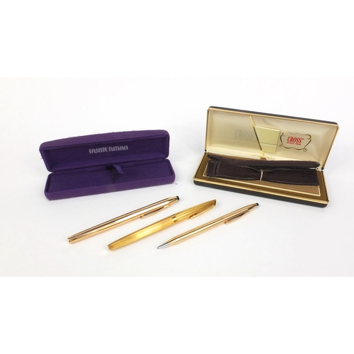 318 - Boxed cross 14kt rolled gold fountain pen and ball point pen with accessories, together with a boxed... 