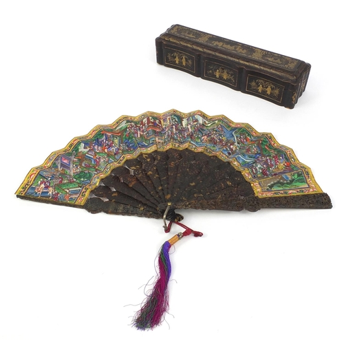 809 - Good quality Chinese Cantonese fan with tortoise shell sticks, profusely hand painted with figures w... 