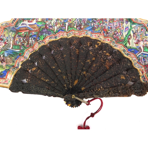 809 - Good quality Chinese Cantonese fan with tortoise shell sticks, profusely hand painted with figures w... 