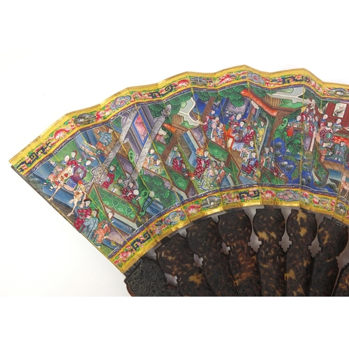 809 - Good quality Chinese Cantonese fan with tortoise shell sticks, profusely hand painted with figures w... 