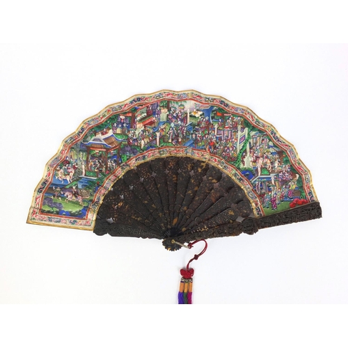 809 - Good quality Chinese Cantonese fan with tortoise shell sticks, profusely hand painted with figures w... 