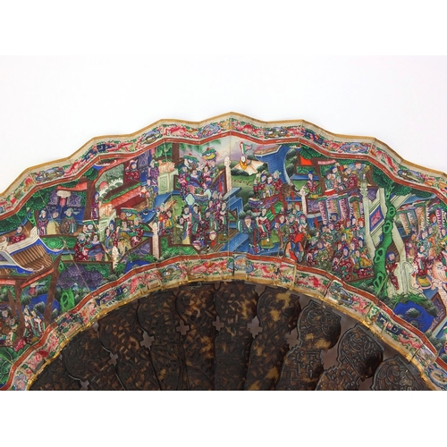 809 - Good quality Chinese Cantonese fan with tortoise shell sticks, profusely hand painted with figures w... 