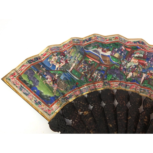 809 - Good quality Chinese Cantonese fan with tortoise shell sticks, profusely hand painted with figures w... 