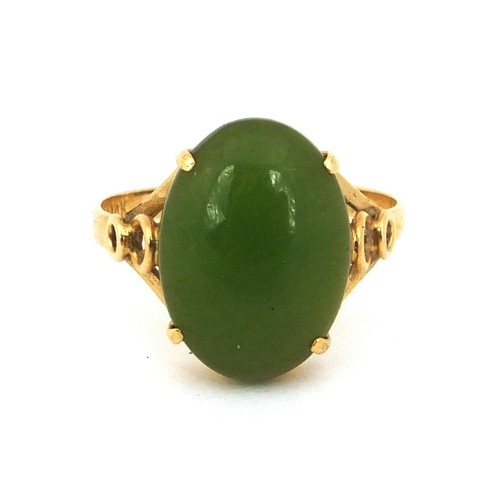 808 - Chinese 14k gold green jade ring, size L, approximate weight 2.0g