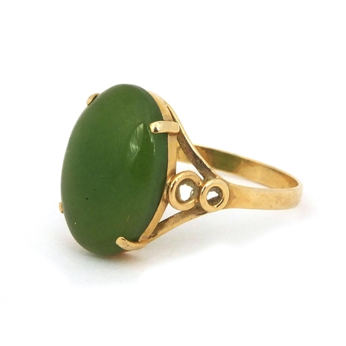 808 - Chinese 14k gold green jade ring, size L, approximate weight 2.0g