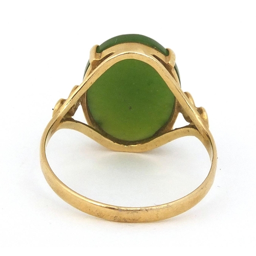 808 - Chinese 14k gold green jade ring, size L, approximate weight 2.0g