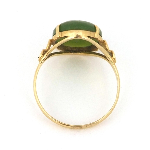 808 - Chinese 14k gold green jade ring, size L, approximate weight 2.0g