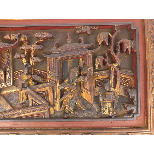 814 - Pair of Chinese wooden panels carved with figures in a palace setting, each 28cm high x 50cm wide