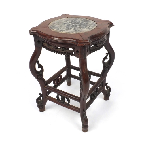 819 - Chinese carved hardwood stool with inset marble top, 50cm high