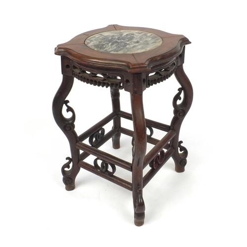 819 - Chinese carved hardwood stool with inset marble top, 50cm high