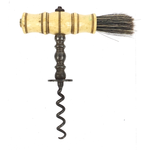 53 - 19th century steel straight pull corkscrew with bone handle and side brush, 14cms