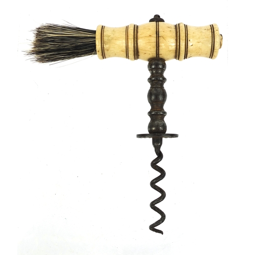 53 - 19th century steel straight pull corkscrew with bone handle and side brush, 14cms