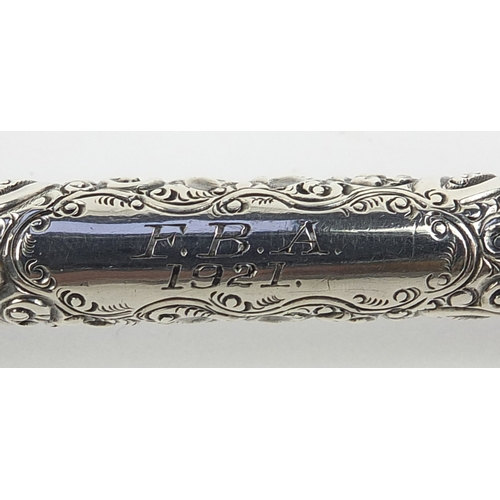 319 - Sterling silver Swan fountain pen by Mabie Todd, with embossed floral decoration, 13.5cm long